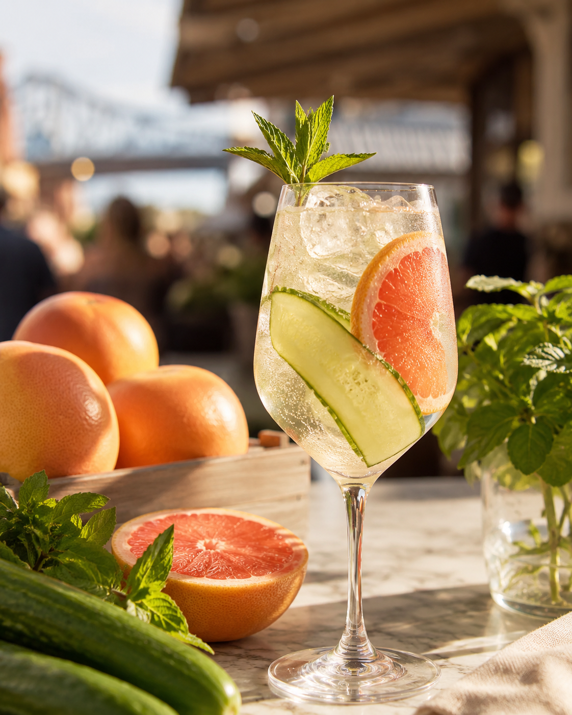 Elderflower spritz with cucumber, grapefruit and mint in a wine glass