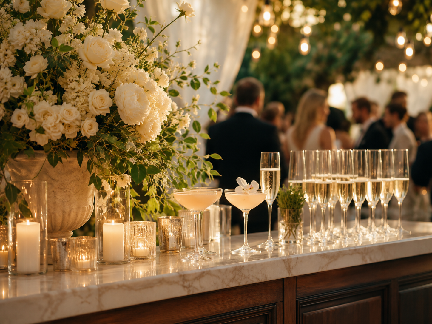 Wedding cocktail hour with champagne flutes and florals