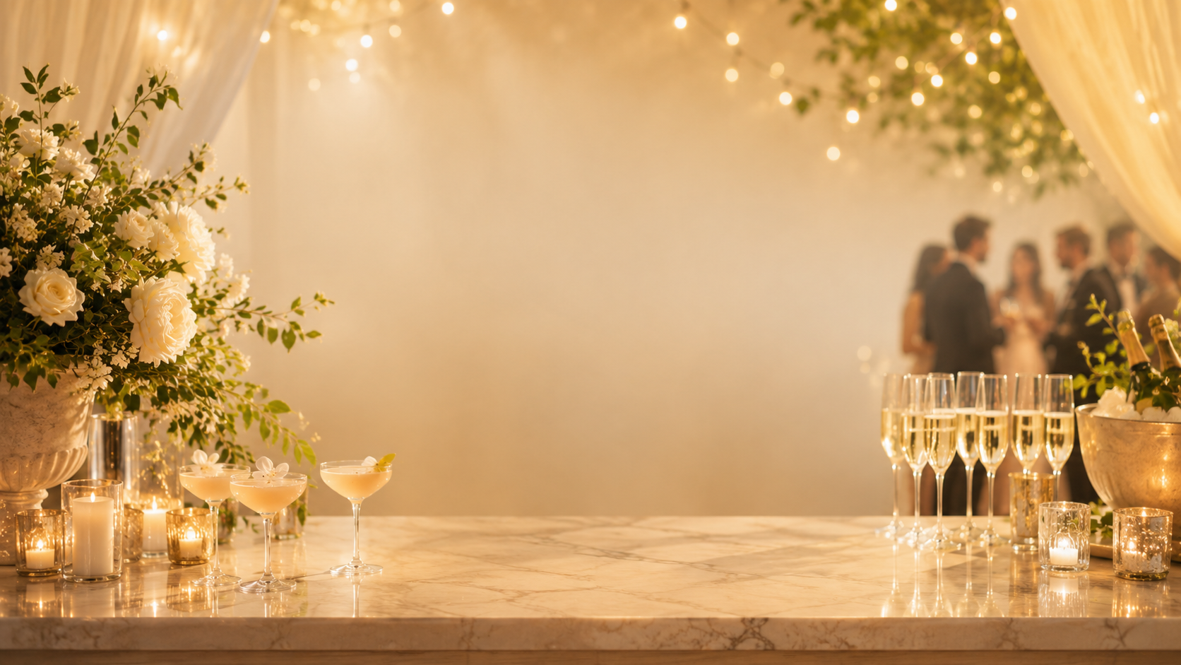 Candlelit wedding bar with white florals, coupe cocktails and champagne flutes