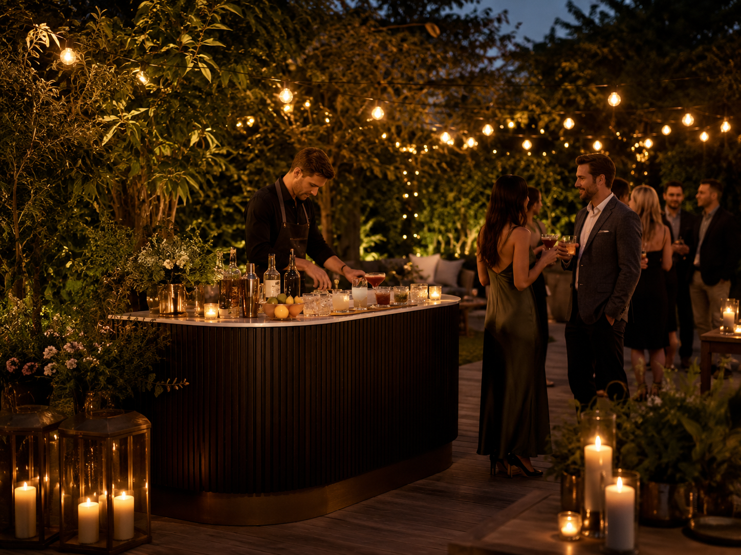 Backyard mobile bar under string lights at a private party