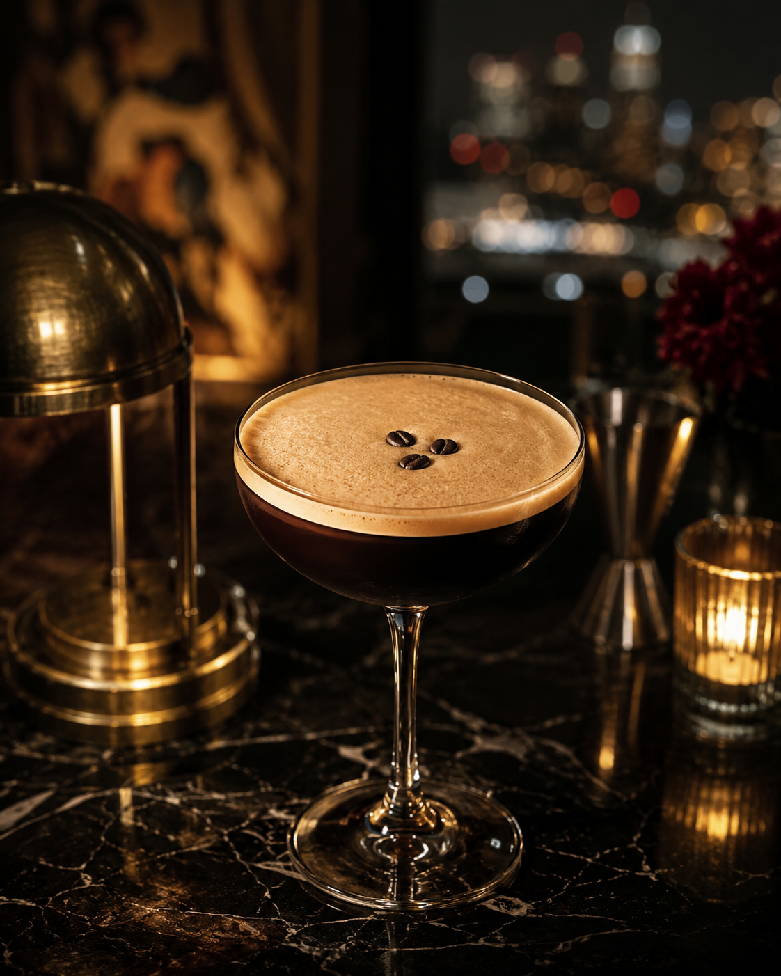 Espresso martini in a coupe with three coffee beans on the foam