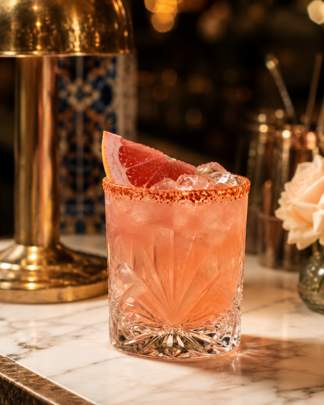 Grapefruit paloma cocktail with Tajín rim on a marble bar