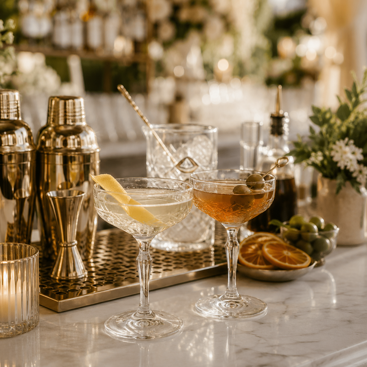 Craft cocktail station with gold shakers, crystal glassware and garnishes