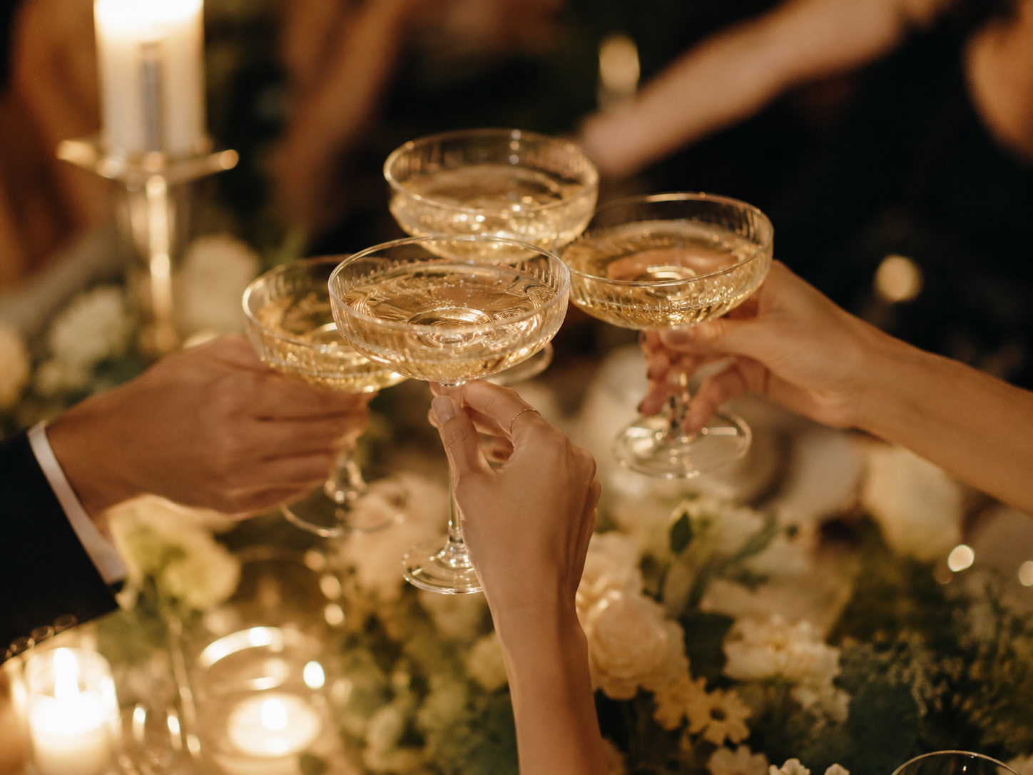 Guests raising coupe glasses in a champagne toast
