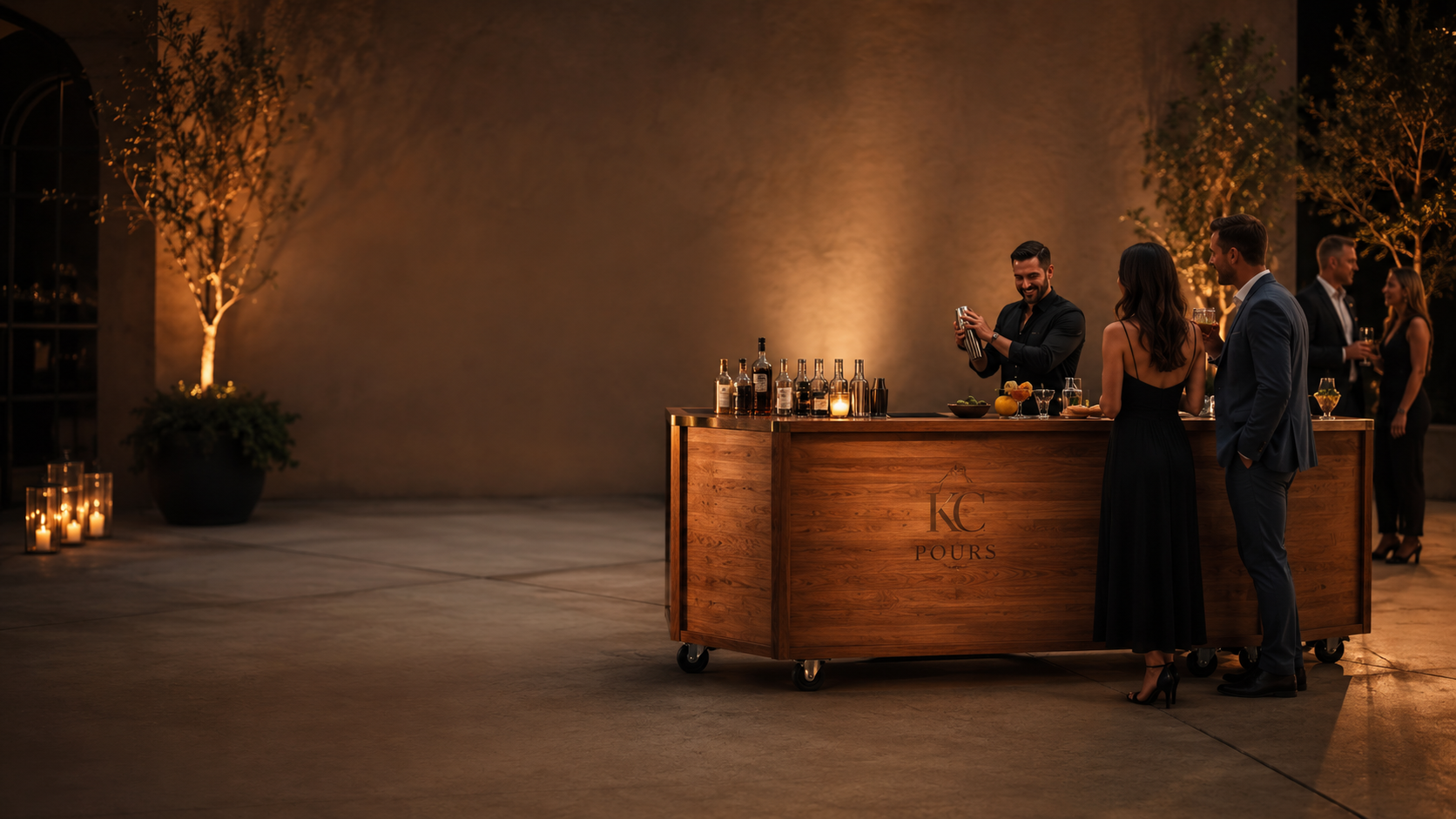 KC Pours wooden mobile bar at an upscale evening event