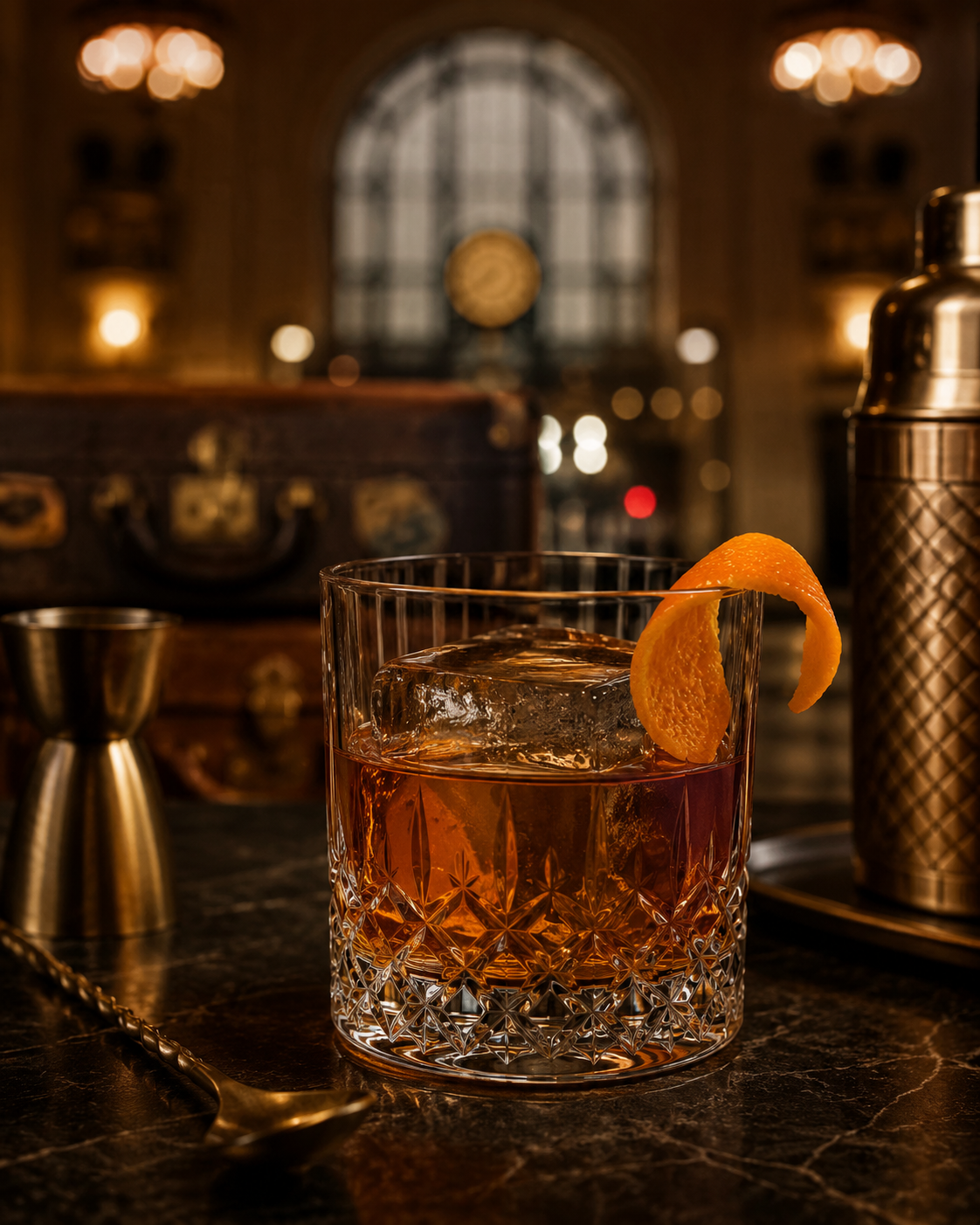 Bourbon old fashioned in a cut-crystal rocks glass with orange peel
